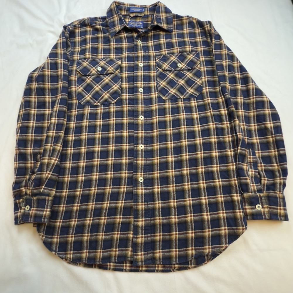 Pendleton Burnside Flannel Men's‎ Medium Blue Plaid Brushed Pockets Casual